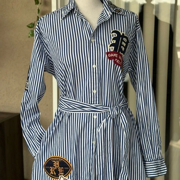 Polo by Ralph Lauren Striped Asymmetrical Shirt Dress with pockets and Patches - Picture 12 of 15
